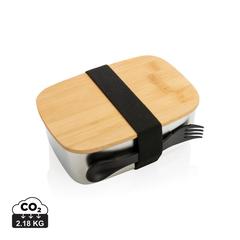 Vue Boîte à Lunch en acier avec couvercle en bambou et cuichette de couleur gris| Krokrodeal