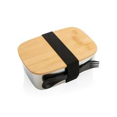 Vue Boîte à Lunch en acier avec couvercle en bambou et cuichette de couleur gris| Krokrodeal
