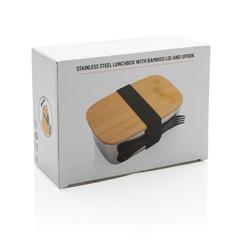 Vue Boîte à Lunch en acier avec couvercle en bambou et cuichette de couleur gris| Krokrodeal