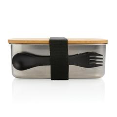 Vue Boîte à Lunch en acier avec couvercle en bambou et cuichette de couleur gris| Krokrodeal