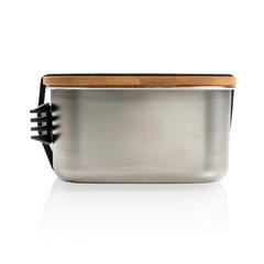 Vue Boîte à Lunch en acier avec couvercle en bambou et cuichette de couleur gris| Krokrodeal