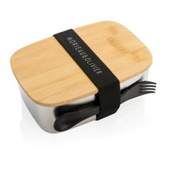 Vue Boîte à Lunch en acier avec couvercle en bambou et cuichette de couleur gris| Krokrodeal