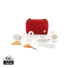 Vue Kit de premiers soins de la taille d’une enveloppe de couleur rouge| Krokrodeal