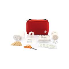 Vue Kit de premiers soins de la taille d’une enveloppe de couleur rouge| Krokrodeal
