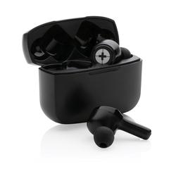 Vue Écouteurs ANC et TWS Swiss Peak en plastique recyclé RCS de couleur noir| Krokrodeal