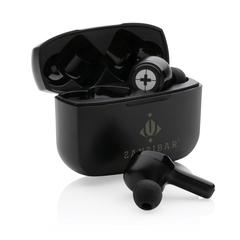 Vue Écouteurs ANC et TWS Swiss Peak en plastique recyclé RCS de couleur noir| Krokrodeal