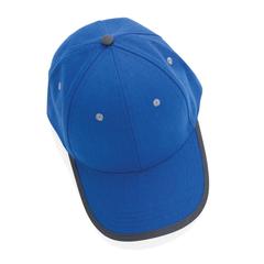 Vue Casquette contraste 6 panneaux coton recyclé Impact AWARE™ de couleur bleu| Krokrodeal
