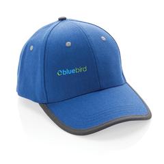 Vue Casquette contraste 6 panneaux coton recyclé Impact AWARE™ de couleur bleu| Krokrodeal