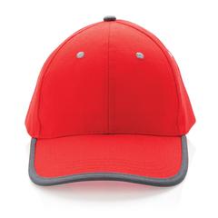 Vue Casquette contraste 6 panneaux coton recyclé Impact AWARE™ de couleur rouge| Krokrodeal