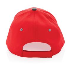 Vue Casquette contraste 6 panneaux coton recyclé Impact AWARE™ de couleur rouge| Krokrodeal