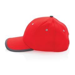 Vue Casquette contraste 6 panneaux coton recyclé Impact AWARE™ de couleur rouge| Krokrodeal