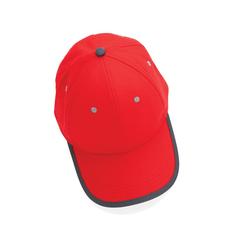 Vue Casquette contraste 6 panneaux coton recyclé Impact AWARE™ de couleur rouge| Krokrodeal