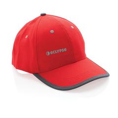 Vue Casquette contraste 6 panneaux coton recyclé Impact AWARE™ de couleur rouge| Krokrodeal