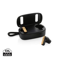 Vue Écouteurs TWS en plastique recyclé RCS et bambou de couleur noir| Krokrodeal