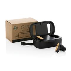 Vue Écouteurs TWS en plastique recyclé RCS et bambou de couleur noir| Krokrodeal