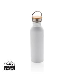 Vue Bouteille en acier inoxydable avec couvercle en bambou de couleur blanc| Krokrodeal