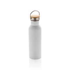 Vue Bouteille en acier inoxydable avec couvercle en bambou de couleur blanc| Krokrodeal