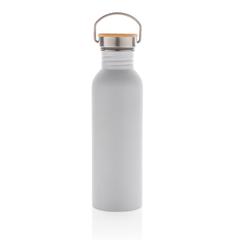 Vue Bouteille en acier inoxydable avec couvercle en bambou de couleur blanc| Krokrodeal