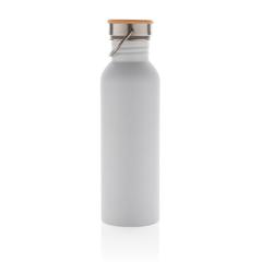 Vue Bouteille en acier inoxydable avec couvercle en bambou de couleur blanc| Krokrodeal