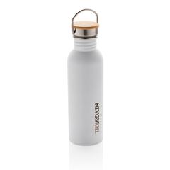 Vue Bouteille en acier inoxydable avec couvercle en bambou de couleur blanc| Krokrodeal