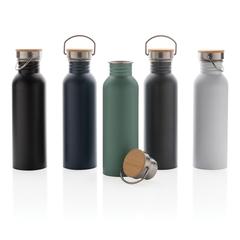 Vue Bouteille en acier inoxydable avec couvercle en bambou de couleur blanc| Krokrodeal
