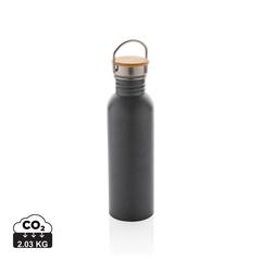 Vue Bouteille en acier inoxydable avec couvercle en bambou de couleur gris| Krokrodeal