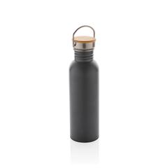 Vue Bouteille en acier inoxydable avec couvercle en bambou de couleur gris| Krokrodeal