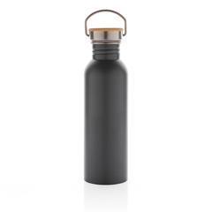 Vue Bouteille en acier inoxydable avec couvercle en bambou de couleur gris| Krokrodeal