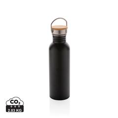 Vue Bouteille en acier inoxydable avec couvercle en bambou de couleur noir| Krokrodeal