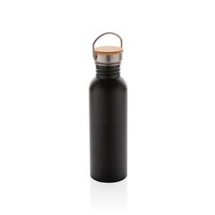 Vue Bouteille en acier inoxydable avec couvercle en bambou de couleur noir| Krokrodeal