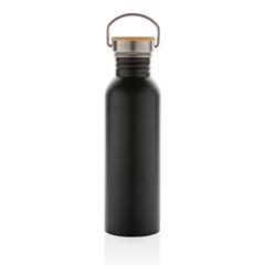Vue Bouteille en acier inoxydable avec couvercle en bambou de couleur noir| Krokrodeal