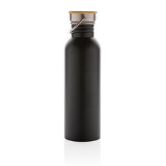Vue Bouteille en acier inoxydable avec couvercle en bambou de couleur noir| Krokrodeal