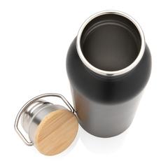 Vue Bouteille en acier inoxydable avec couvercle en bambou de couleur noir| Krokrodeal