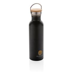 Vue Bouteille en acier inoxydable avec couvercle en bambou de couleur noir| Krokrodeal