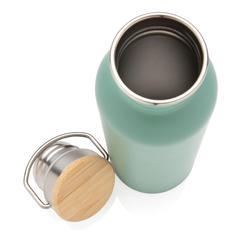 Vue Bouteille en acier inoxydable avec couvercle en bambou de couleur vert| Krokrodeal