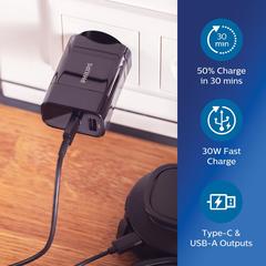 Vue Chargeur Mural Philips, USB 30W Ultra Rapide de couleur noir| Krokrodeal