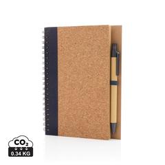 Vue Cahier à spirales en liège avec stylo de couleur bleu| Krokrodeal