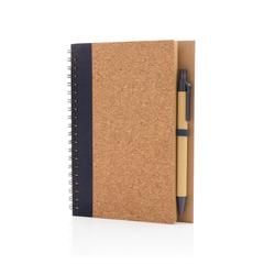 Vue Cahier à spirales en liège avec stylo de couleur bleu| Krokrodeal