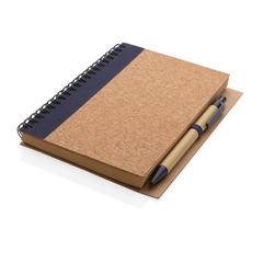 Vue Cahier à spirales en liège avec stylo de couleur bleu| Krokrodeal