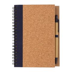 Vue Cahier à spirales en liège avec stylo de couleur bleu| Krokrodeal