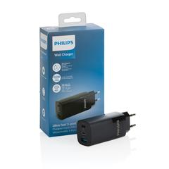 Vue Chargeur mural USB 3 ports PD ultra-rapide Philips 65 W de couleur noir| Krokrodeal