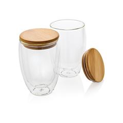 Vue Set de 2 Verres double paroi 350ml avec couvercle en bambou de couleur translucide| Krokrodeal