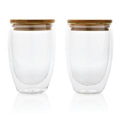 Vue Set de 2 Verres double paroi 350ml avec couvercle en bambou de couleur translucide| Krokrodeal