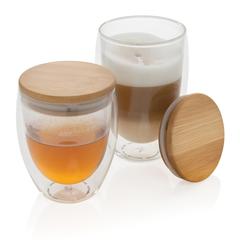 Vue Set de 2 Verres double paroi 350ml avec couvercle en bambou de couleur translucide| Krokrodeal