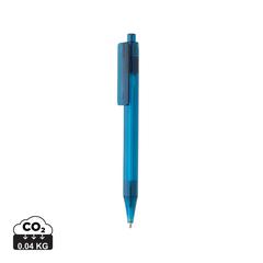 Vue Stylo transparent X8 en rPET GRS de couleur bleu| Krokrodeal