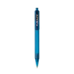 Vue Stylo transparent X8 en rPET GRS de couleur bleu| Krokrodeal