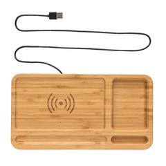 Vue Organiseur de bureau en bambou avec chargeur 10W de couleur marron| Krokrodeal