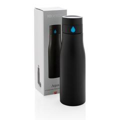 Vue Bouteille de suivi d'hydratation Aqua de couleur bleu| Krokrodeal