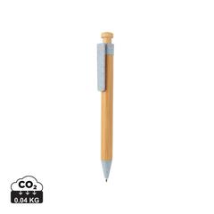 Vue Stylo en bambou avec clip en fibre de paille de couleur bleu| Krokrodeal