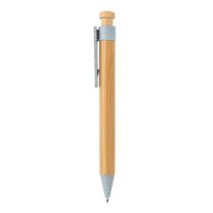 Vue Stylo en bambou avec clip en fibre de paille de couleur bleu| Krokrodeal